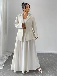 SHEIN Unity Elegancki, solidny komplet z marynarką i bardzo długą spódnicą w dużym rozmiarze, jesień - Morela - Zobacz 1