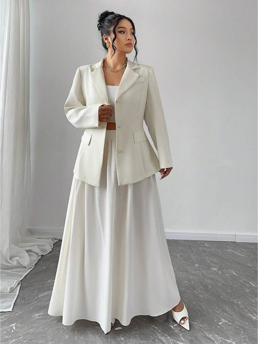 SHEIN Unity Elegancki, solidny komplet z marynarką i bardzo długą spódnicą w dużym rozmiarze, jesień - Morela - Zobacz 1