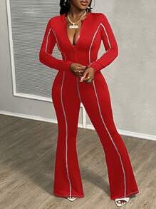 Slaydiva Nuevo mono de mujer entallado de punto negro con cuello redondo, cierre de cremallera central delantero, mangas largas, pantalones acampanados y decoración de líneas blancas en contraste, estilo casual y deportivo para mujeres y jóvenes