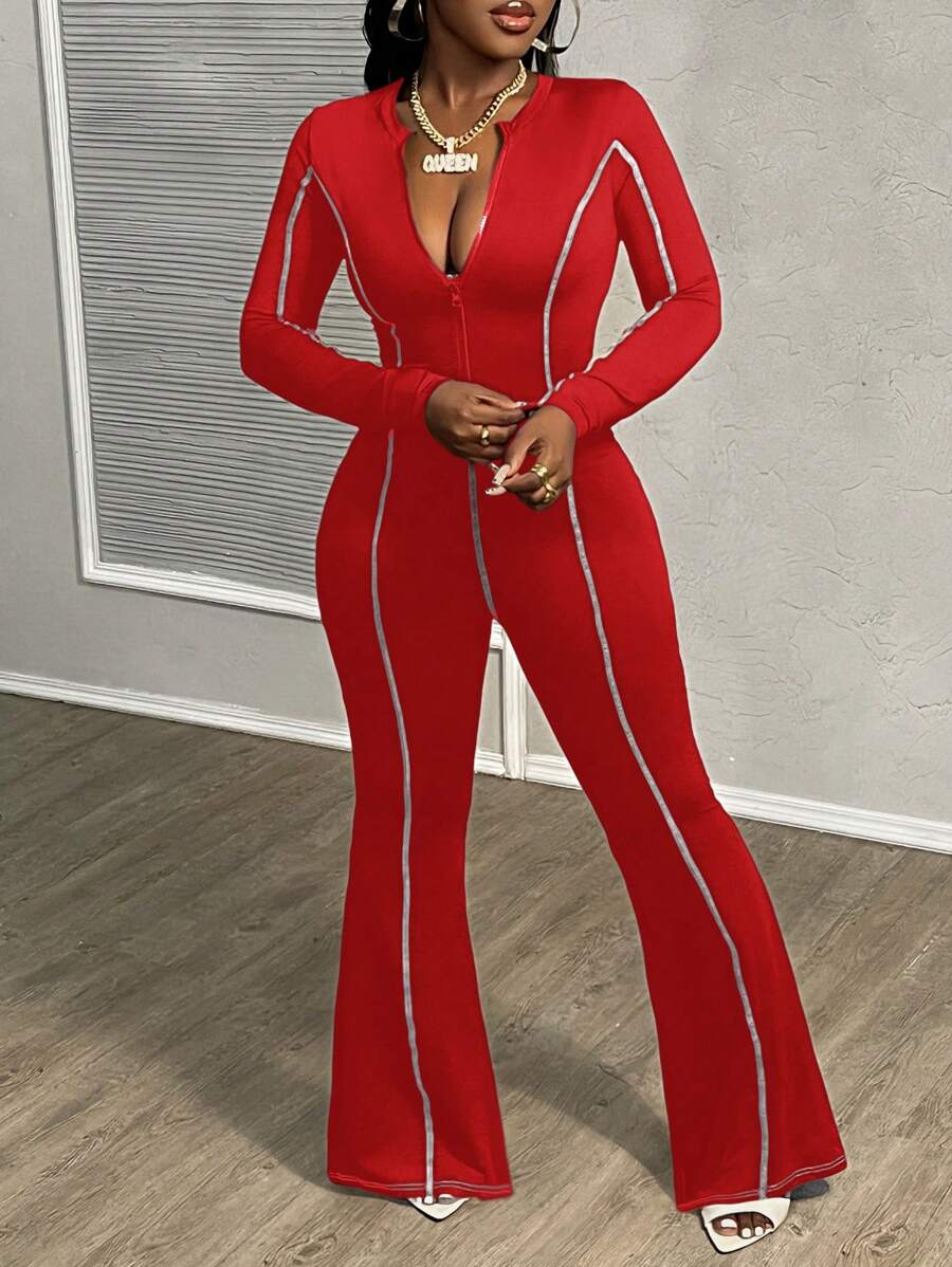 Slaydiva 全新休闲运动女装年轻款圆领前中拉链长袖喇叭裤撞色白线装饰修身黑色针织女式连体裤 - 紅色 - 查看 1