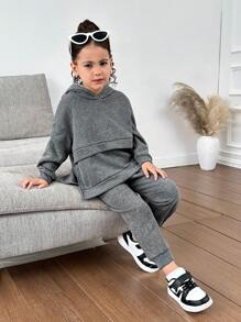 SHEIN 2pcs Young Girl Casual Loose Comfy Hoodie And Pants Set, Versatile Minimalist Outfit,Buy One Get One Free,Great For Casual & Daily Wear & School Daily In Spring And Autumn,Mom And Daughter Matching,Sister And Me Matching