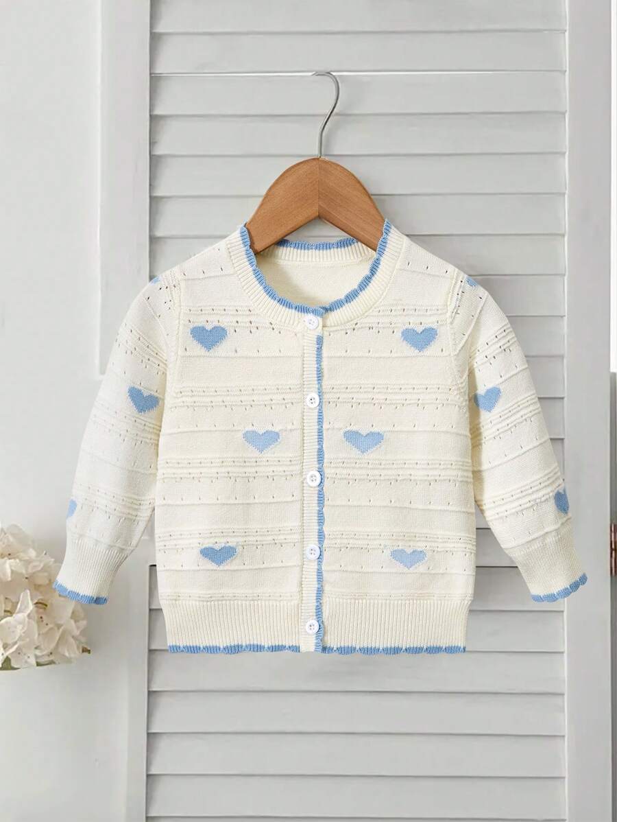 婴儿/女宝宝休闲时尚可爱舒适简约心形图案长袖开衫针织衫，适合日常穿着、外出、聚会、秋冬季 - 杏色 - 查看 1