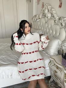 Flirla 新品秋冬温暖心形图案长袖毛衣裙，包含情人节、玫瑰、心形、圆点、爱心、嘴唇、丘比特、141D 花朵等元素 - 杏色 - 查看 3