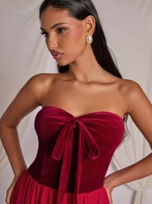COSMINA Women's Elegant Patchwork Strapless Midi Dress For Party - Red - View 3