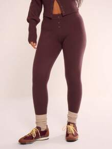 MUSERA Flared Knit Button Leggings Y2k Spring Casual Cute 90's Sun Fall Autumn Winter Thanksgiving - Chocolate Brown - View 2