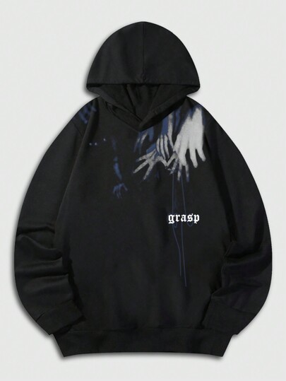 Street Life 1pc Men's Letter & Hand Print Casual Long Sleeve Hooded Sweatshirt, Black Hoodie, Autumn/Winter
