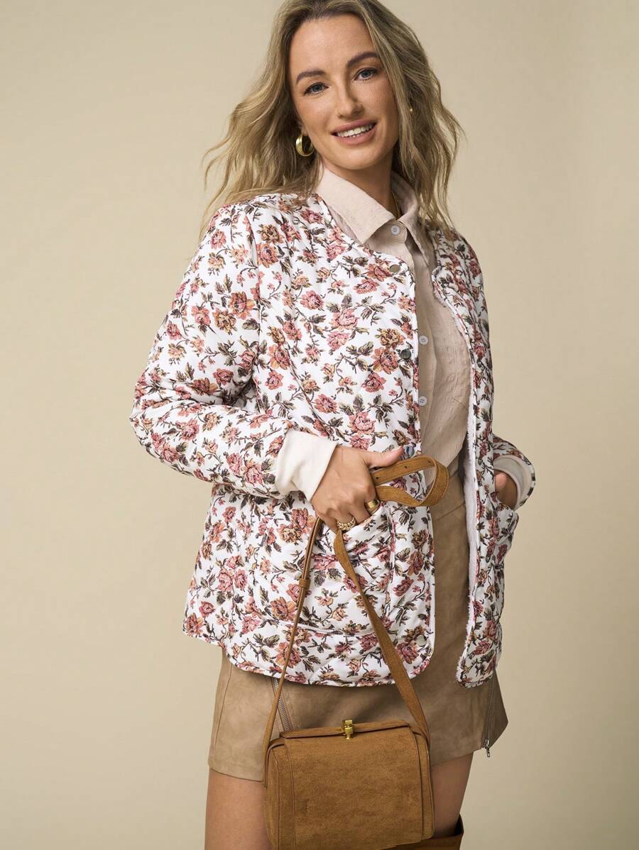 LanaWest 女士花卉印花绗缝长袖休闲夹克，秋冬 - 彩色 - 查看 1