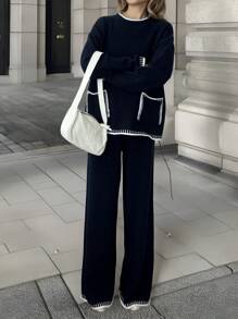 INAWLY 2 piezas Conjunto informal y suelto, suéter y pantalones de pierna recta, otoño/invierno - azul real - Ver 3