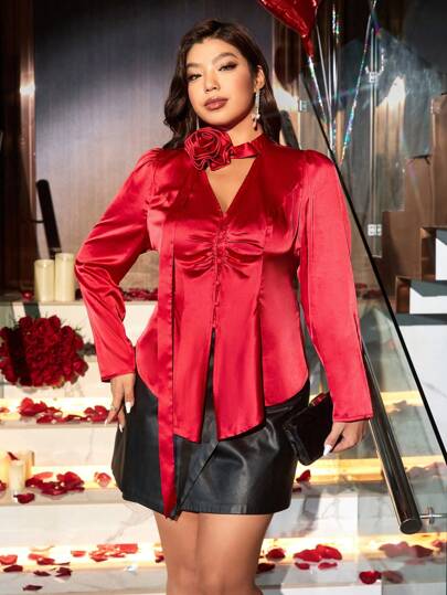 SHEIN Unity 优雅工作合身腰部长袖褶皱领带花卉弹力女式衬衫，秋冬季新年节日派对服装