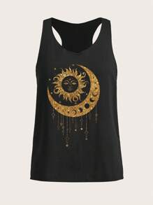 EMERY ROSE Women Tarot Style Foil Print Moon & Sun Pattern Loose Fit Cami Tank Top - Black - View 4