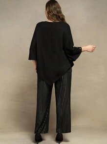 SHEIN Clasi 2pcs Plus Size Women Set, Elegant Cape Top & Foil Striped Pants - Black - View 2
