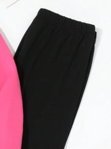 Set de 2 piezas: Sudadera con capucha suelta casual rosa con estampado de letras y leggings negros ajustados para adolescentes, otoño