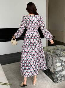 DAZY Women's V-Neck Geometric Print Lantern Sleeve High Slit Mid-Length Dress,Fall Dress Long Sleeve Dress - Multicolor - View 6