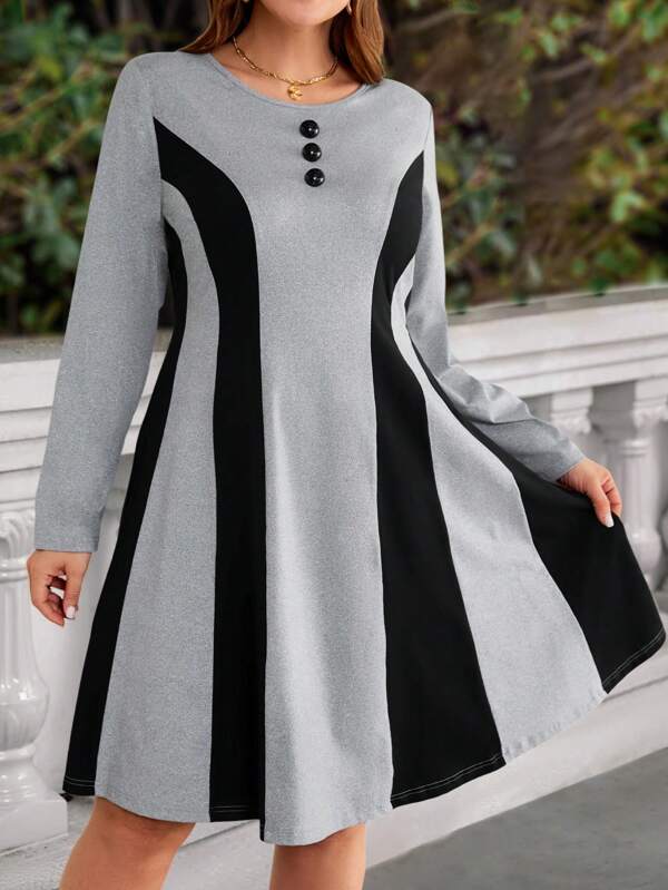 EMERY ROSE Plus Size Women Contrast Color Round Neck Long Sleeve Casual Loose Dress,Winter Clothes For Women
