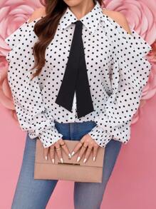 SHEIN LUNE Plus Size Elegant Polka Dot Off Shoulder Long Sleeve Shirt New Year Summer Women's Clothing