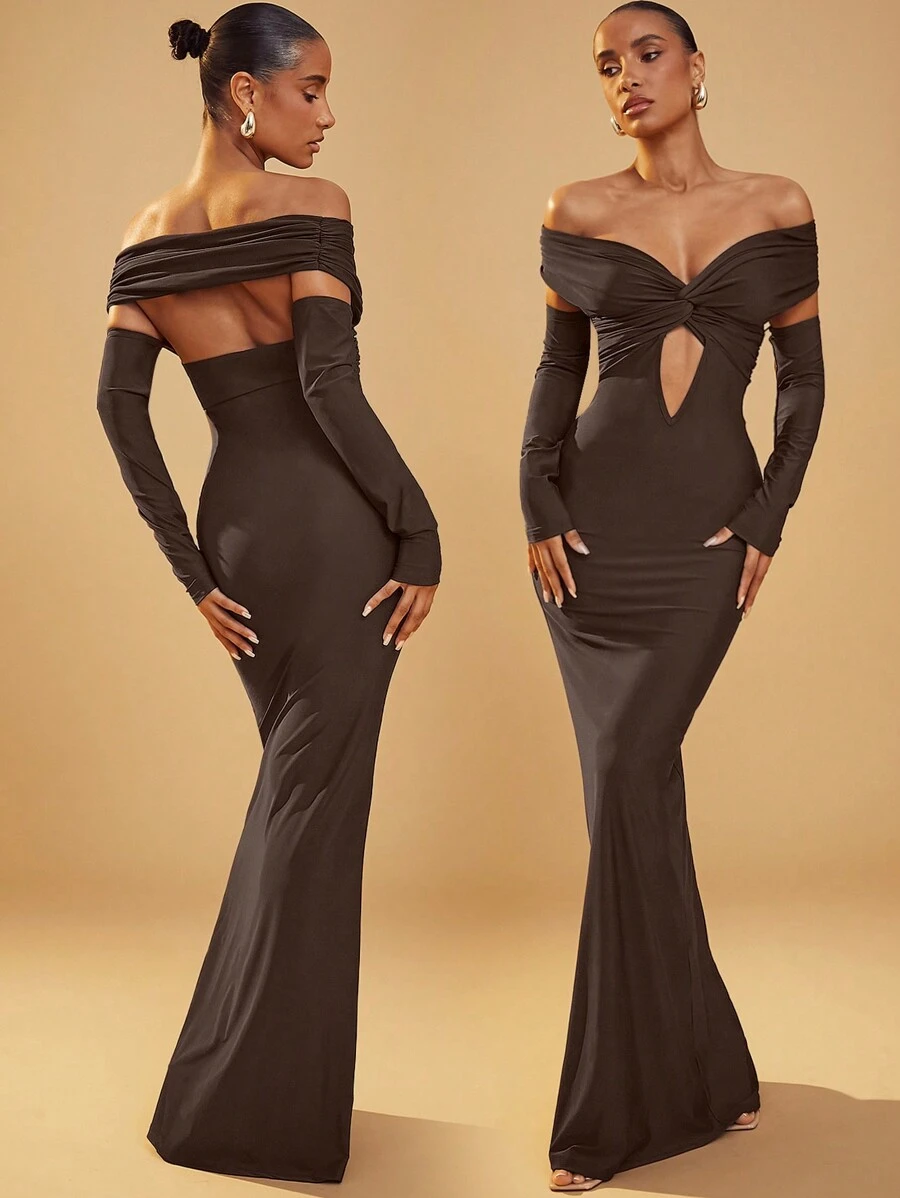Hauture Brown Off Shoulder Front Cut Out Women's Maxi Party Dress - Coffee - View 1