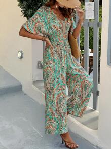 Breezaya Women's Boho Shirred Tie Waist Retro Printed Jumpsuit Pants