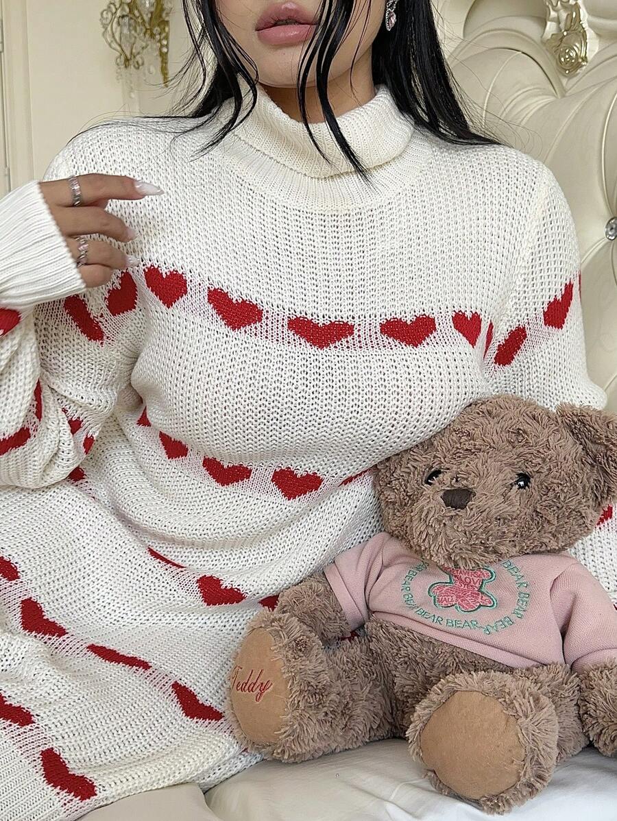 Flirla 新品秋冬温暖心形图案长袖毛衣裙，包含情人节、玫瑰、心形、圆点、爱心、嘴唇、丘比特、141D 花朵等元素 - 杏色 - 查看 1