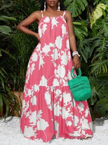 Slaydiva 夏季假期薄款吊带 A 字下摆长裙绿色植物全身印花女士连衣裙 - 西瓜粉 - 查看 1