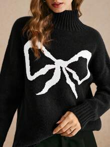 Poéselle 秋冬必备舒适别致女式高领毛衣，优雅蝴蝶结提花设计，长袖奢华粗针织色块宽松套头衫，适合秋季分层穿着，时尚冬季衣橱必备百搭长袖，适合白天到夜晚穿着，引人注目的女性气息，适合寒冷季节的时尚 - 黑色 - 查看 2