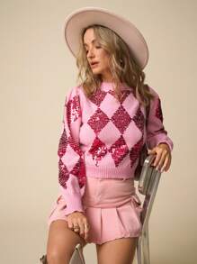 LanaWest Women's Fashion Multi Purpose Shiny Sequin Round Neck Puff Sleeve Long Sleeve Cropped Sweater, Autumn And Winter, Suitable For Parties, New Year Knit Pullover Fall