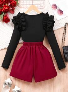 Tween Girls Ruffled Shoulder Long Sleeve Top + Faux Pearl Decor Skort 2pcs Set - Red - View 2