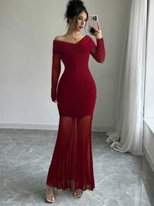 Firerie Elegante off-shoulder gerimpelde jurk voor dames, rode lange jurk, nieuwjaar, Valentijnsdag