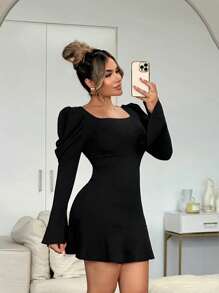 SHEIN SXY Vestido negro elegante de manga abullonada para damas, otoño/invierno