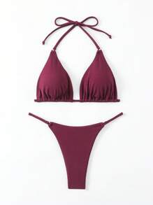 Conjunto de bikini para mujer con parte superior de cuello de halter y Bottom con nudo en la espalda, bikini de verano