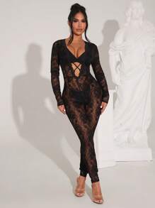 SHEIN SXY Mono de mujer de unicolor, de manga larga, transparente con aplicaciones de encaje y ajustado