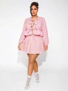SHEIN SXY Plus Size Women Plaid Cardigan With Tie Cuffs And Plaid Pleated Mini Skirt 2 Pieces Set