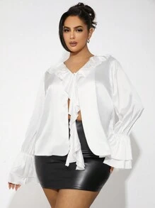 SHEIN SXY 大码女式长款白色缎面荷叶边衬衫 - 白色 - 查看 1