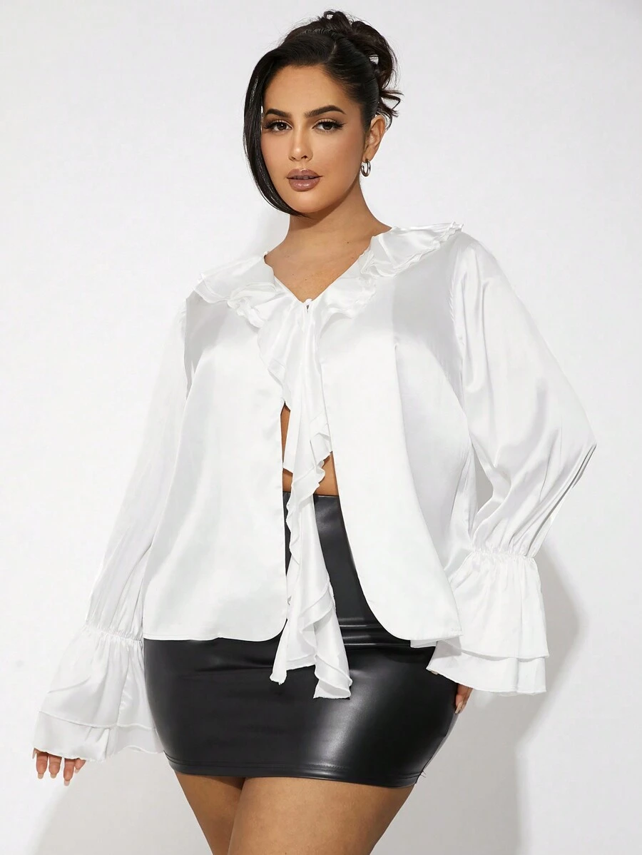 SHEIN SXY 大码女式长款白色缎面荷叶边衬衫 - 白色 - 查看 1