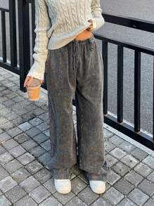 SHEIN EZwear Women's Summer Drawstring Waist Pockets Straight Leg Loose Casual Pants, Versatile - Black - View 5