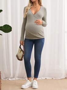 SHEIN Pregnant Women Solid V-Neck Long Sleeve Slim Fit Casual Top