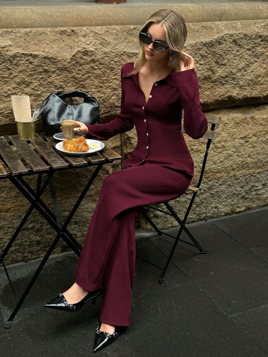 Aloruh 女士春秋冬优雅商务通勤套装酒红色休闲简约针织毛衣套装安科拉红色毛衣2件套酒红色针织开衫与裤子套装