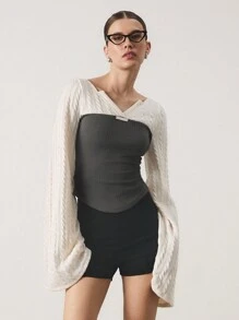 SHEIN Unity Women's V-Neck Long Sleeve Top With Grey & White Textured Fabric Panel - Multicolor - View 5