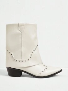 Styleloop Women's Fashion Pointed Toe Riding Boots, New Arrivals For Autumn/Winter, Multiple Styles Of Mid-Calf Boots With Rivets, Stylish Women Boots For And Vibe And Spring Shoes Spring Break Easter - White - View 2