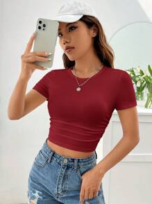 SHEIN EZwear 女式纯色圆领短袖休闲上衣 - 酒紅色 - 查看 6