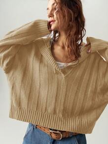 Bohemela Vacation Casual Solid Color Half Open Collar Loose Pullover Sweater For Women - Khaki - View 2
