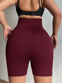 SHEIN Essnce 大码镂空服装感恩节女装秋季女士短裤休闲高弹力收腹短裤提臀美化身体曲线修身短裤 - 酒紅色 - 查看 6