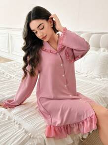 女士雪纺荷叶边领开衫睡衣裙 - 粉色 - 查看 1