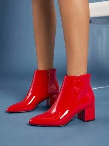 SHUZIA 女士仿皮尖头拉链粗跟靴 - 紅木色 - 查看 3