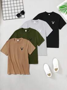 SHEIN 4pcs/Set Tween Boy Short Sleeve T-Shirt, Casual And Versatile For Outdoor And Indoor Wear. Explore The New Fashionable Realm With The Carefully Designed Deer Head Graphic Series T-Shirts, In Classic Black, Deep Green, Soft Grey, And Warm Khaki, Each Embodying A Simple Yet Stylish Design That Captures The Essence Of Fashion., School, Campus, College Summer Holiday - Multicolor - View 5