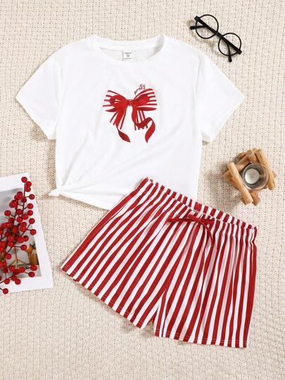 SHEIN Conjunto de pijama de 2 piezas para adolescentes, camisa de manga corta con cuello redondo y decoración de lazo, y pantalones cortos a rayas, suave y cómodo