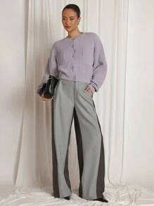 COSMINA Cardigan Kasual Wanita Warna Polos, Lengan Panjang, Model Bahu Longgar, Kancing Tunggal, Dua Saku, Musim Gugur/Dingin - Grey - View 6