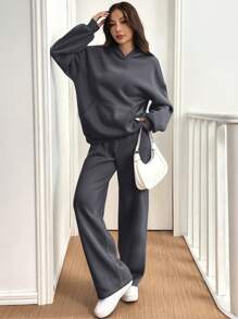 SHEIN EZwear 2 件套女士休闲保暖连帽衫和裤子套装，深灰色，适合秋冬季 - 深灰色 - 查看 5