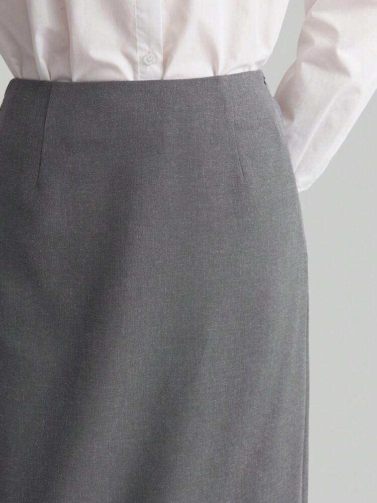 Women's Grey Straight Skirt,Autumn Business Casual Semi Formal New Year's French Long Skirt,Minimalist Everyday Wear With Back Slit,Vintage Style