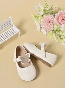 1 Pair Girls' Butterfly PU Leather Flats, Cute Princess Shoes, Suitable For Spring/Summer - Beige - View 3
