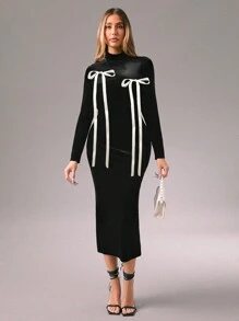 Zolique Damen Einfarbiges Patchwork Schleifen-Langarm Lässig Maxikleid, Abendkleid, Geburtstagsoutfit für Damen, Silvester Outfit, Samt Maxikleid für den Winter - Schwarz - Übersicht 6